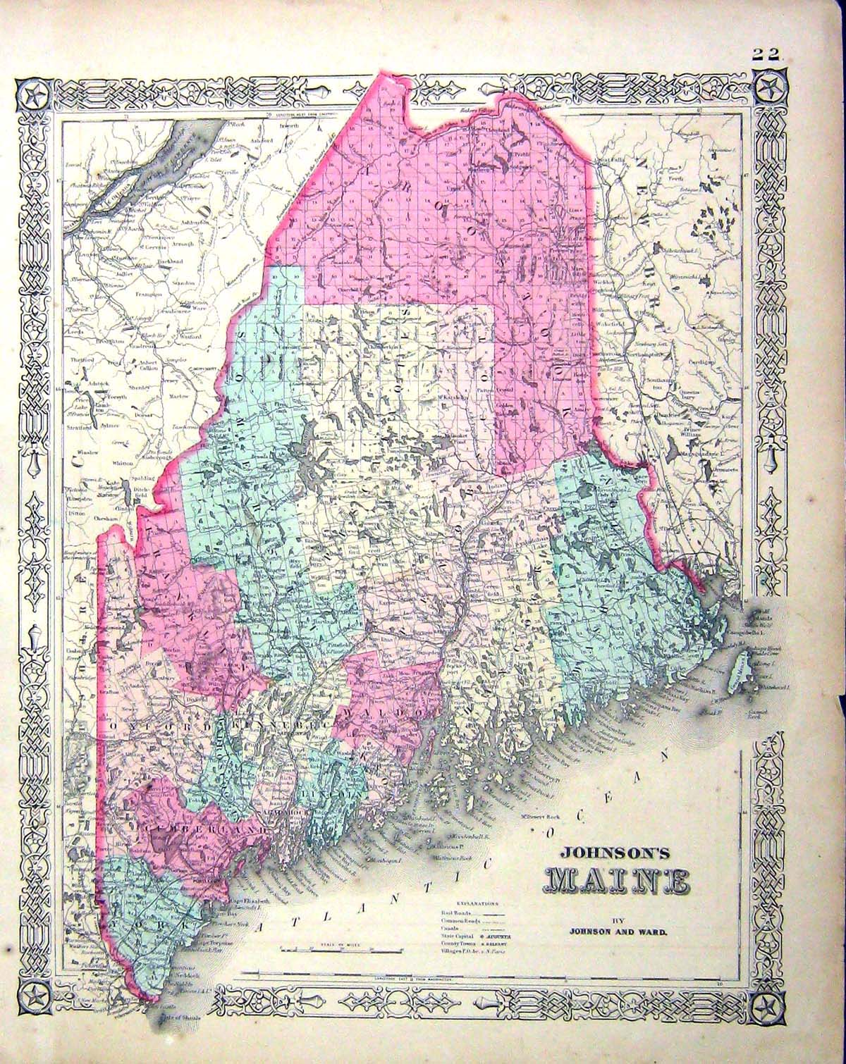Old Johnston Map Maine Oxford York Canada New Brunswick British Ameri