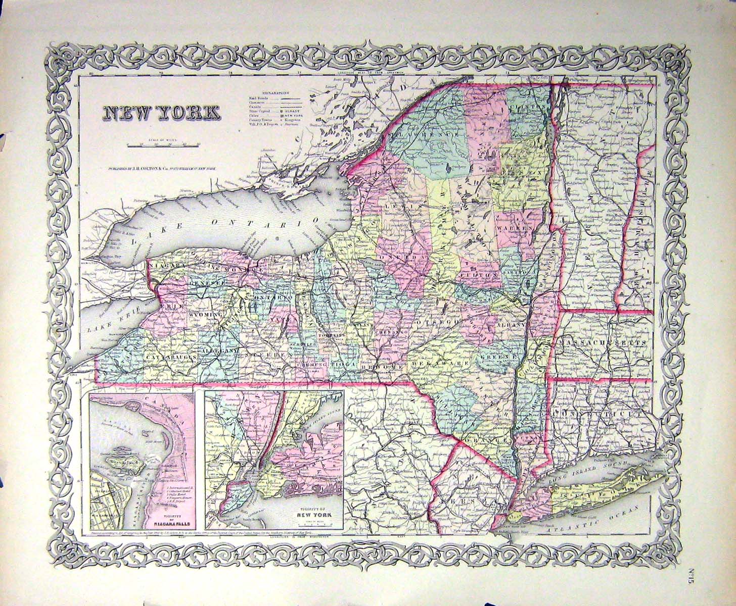 Old Map New York America Plan Niagara Falls Long Island Lake Ontario