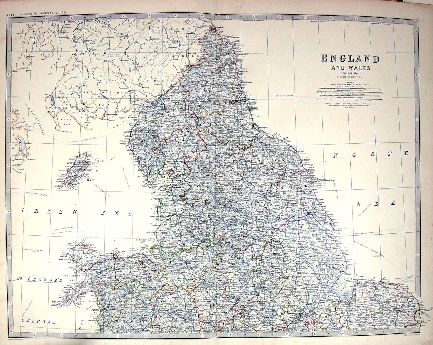 Antique Print Johnston Map C1877 England Wales Isle Man North Sea Liverpool