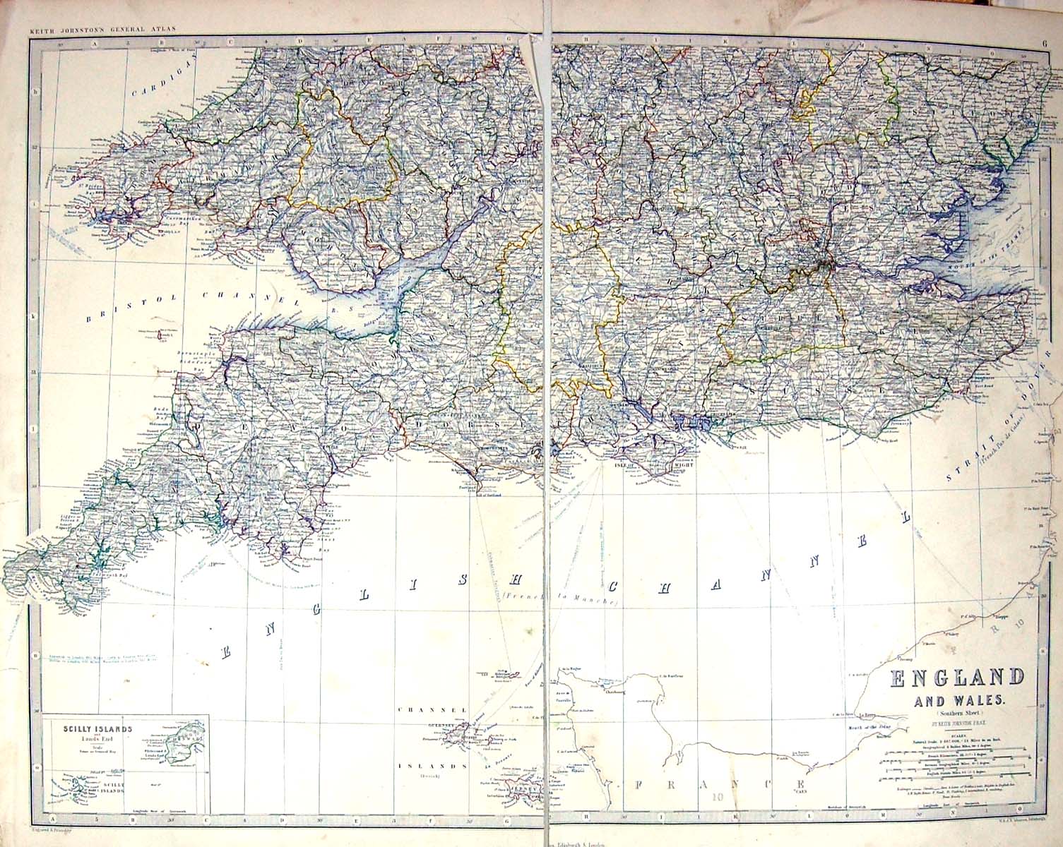 Antique Print Johnston Map C1877 England Wales Scilly Isles Guernsey Jersey