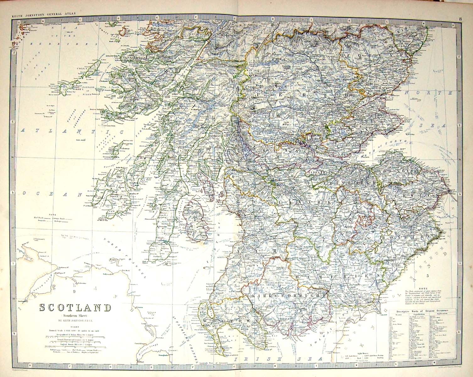 Antique Old Print Johnston Map C1877 Scotland Firth Forth Edinburgh Glasgow