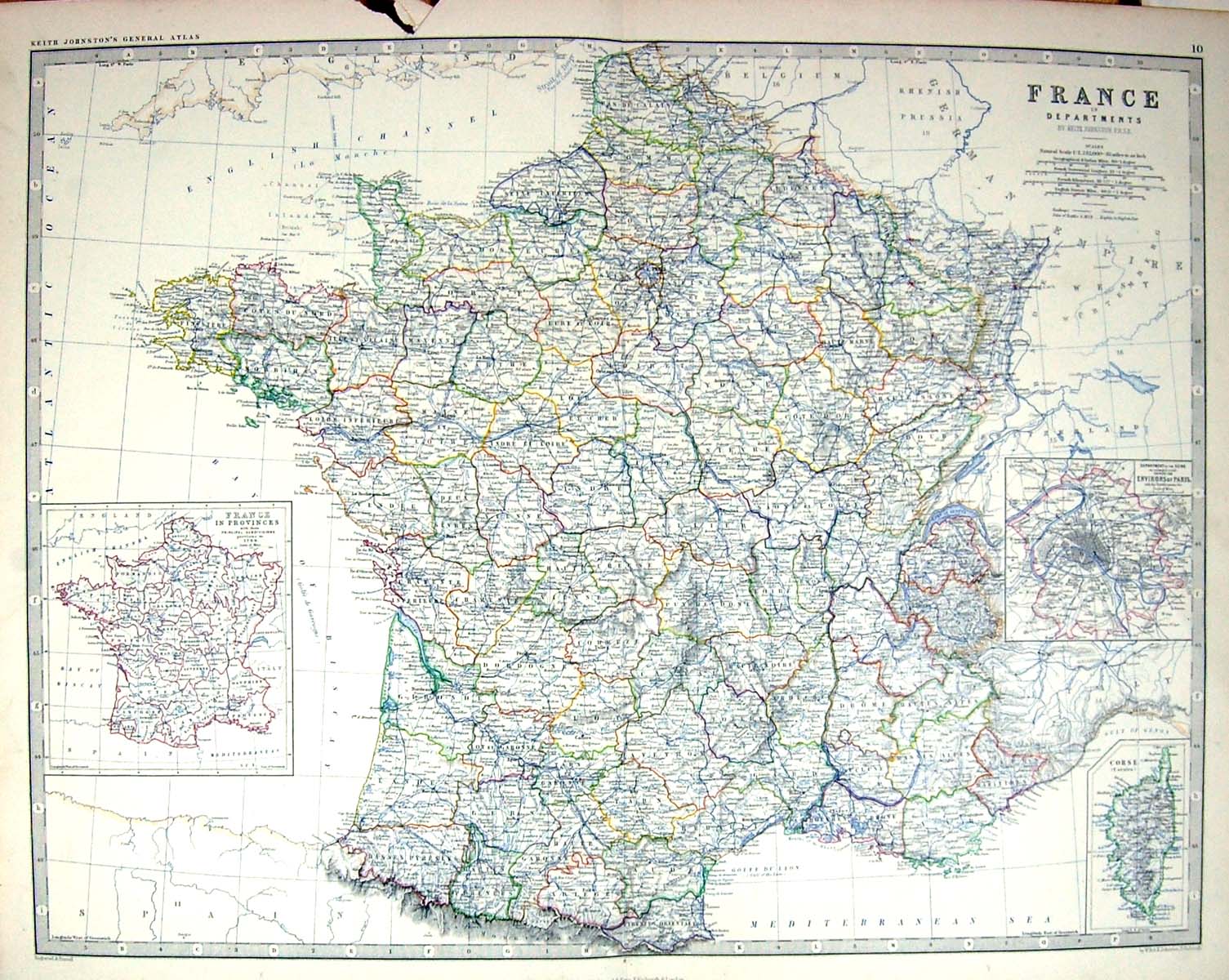 Antique Print Johnston Map C1877 France Corsica Paris Mediterranean Vendee 19th