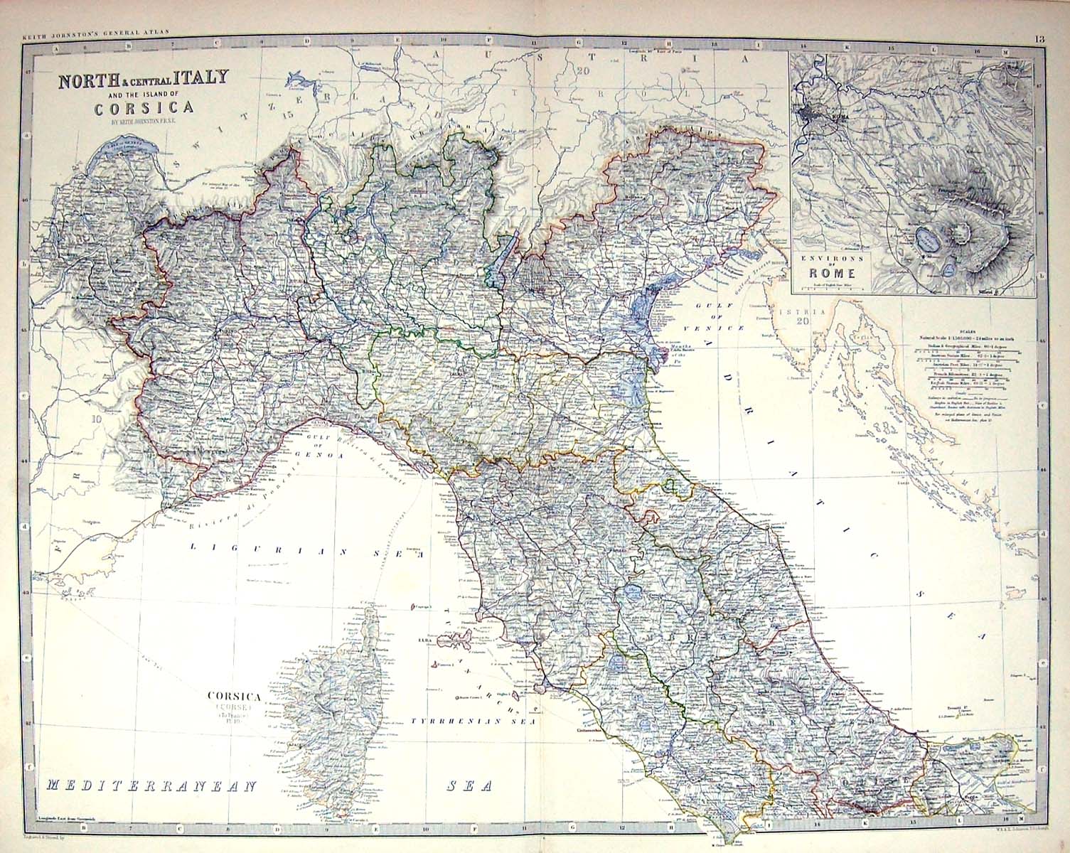 Antique Print Johnston Map C1877 Italy Corsica Rome Elba Gulf Genoa Venice 19th