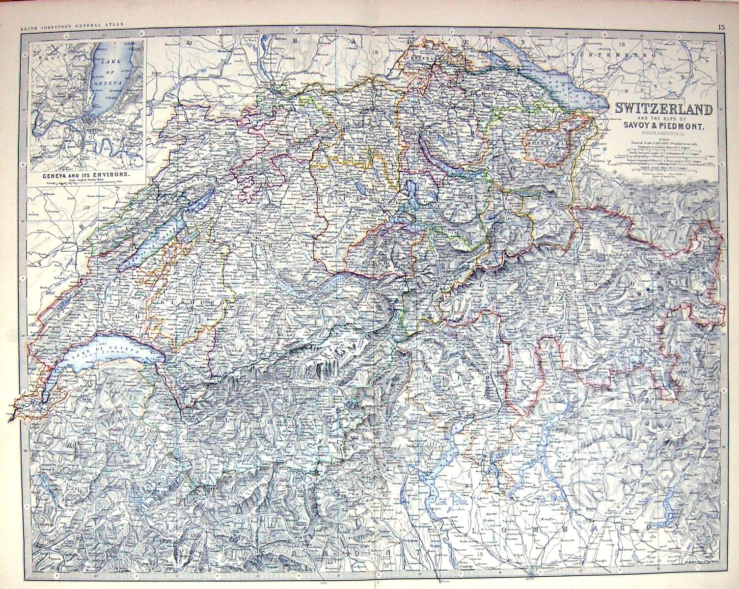 Old Johnston Map C1877 Switzerland Savoy Piedmont Geneva Lake Maggior Victorian