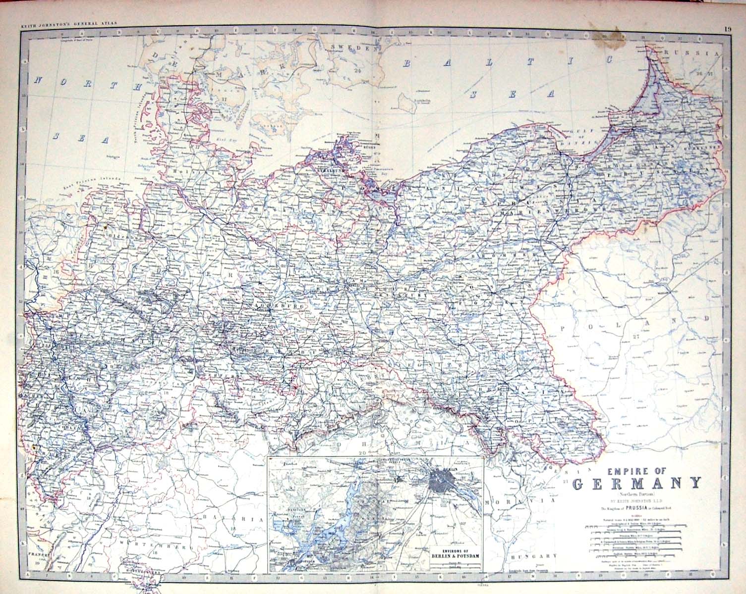 Antique Old Print Johnston Map C1877 Empire Germany Environs Berlin Potsdam