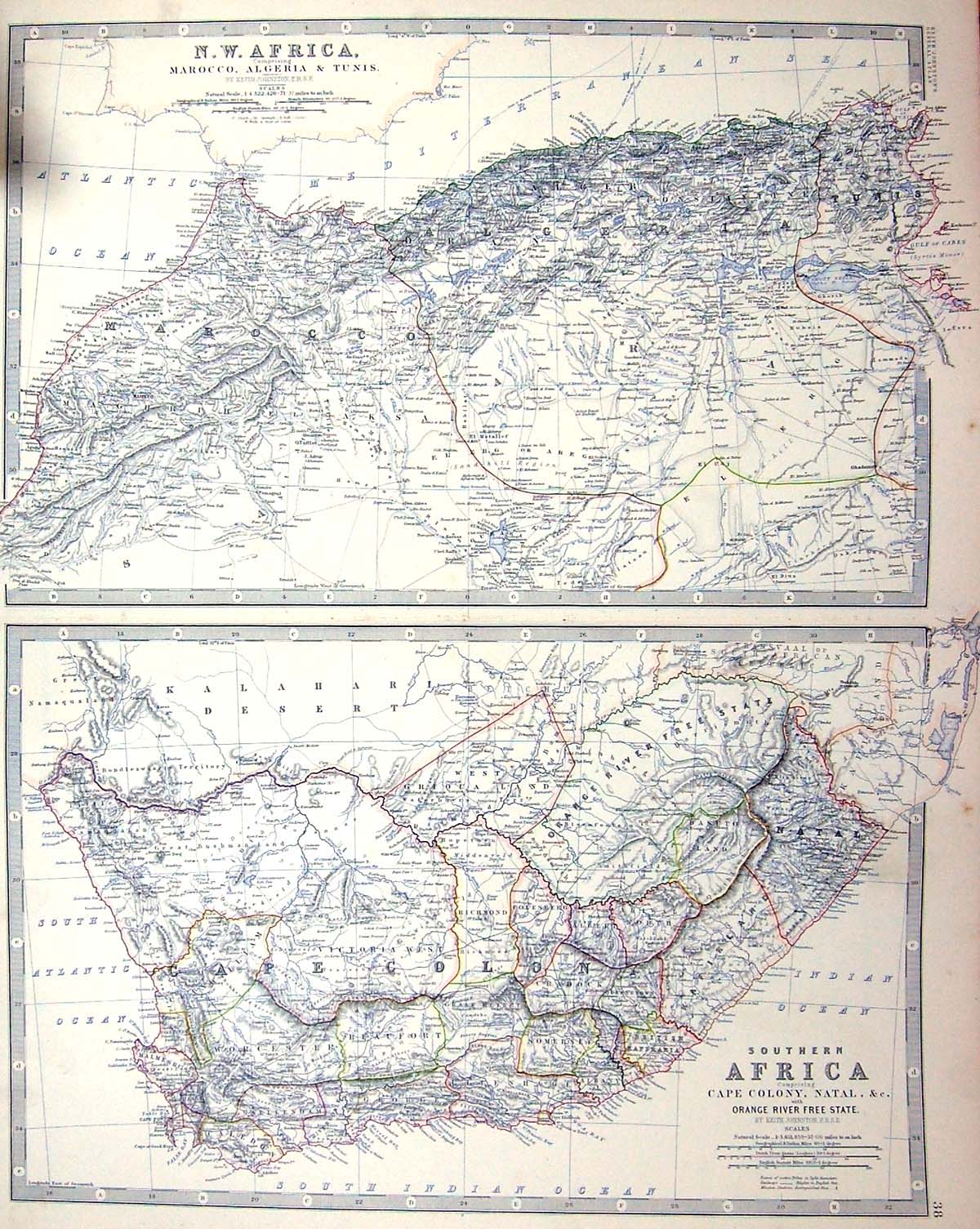 Old Johnston Map C1877 Africa Cape Colony Natal Orange Tunis Algeria Victorian