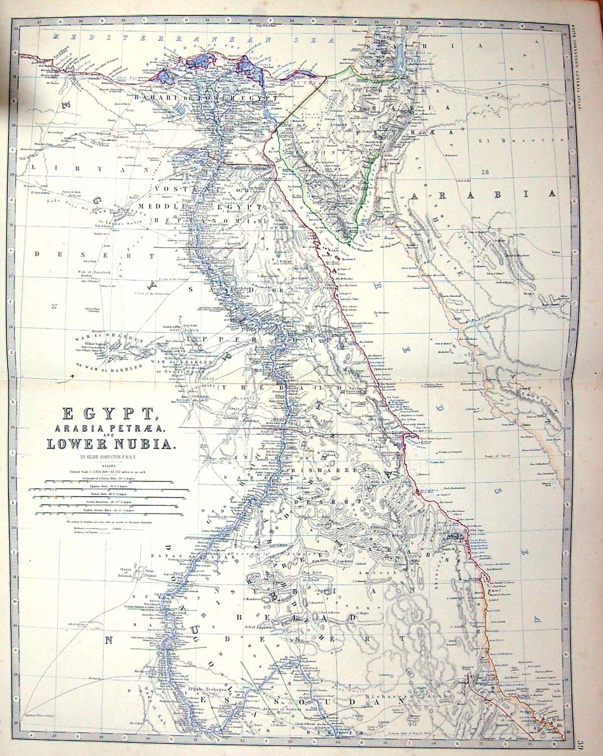 Antique Print Johnston Map C1877 Egypt Arabia Petraea Nubia Soudan Red Sea 19th