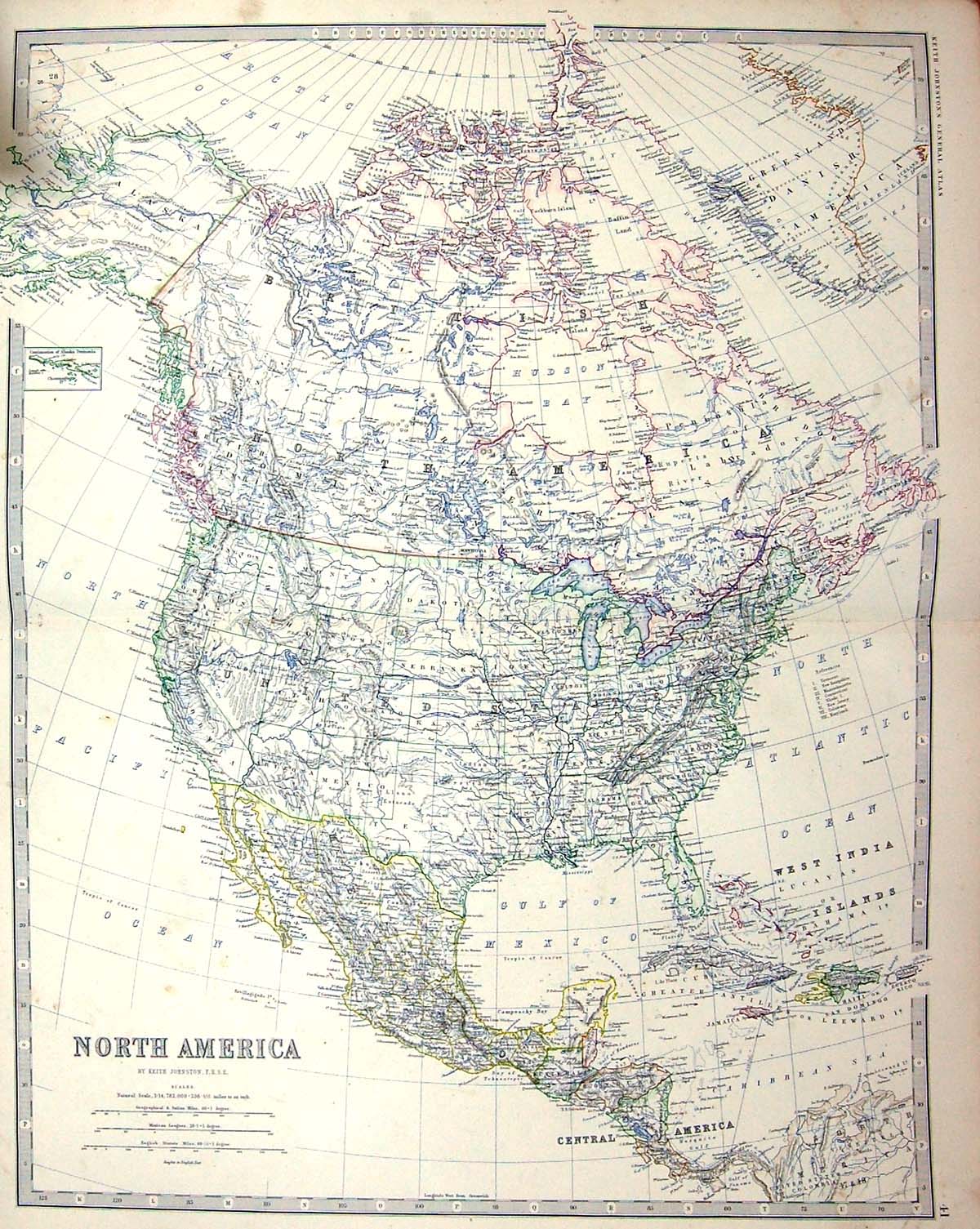 Old Print Johnston Map C1877 North America Cuba Mexico Florida California 19th