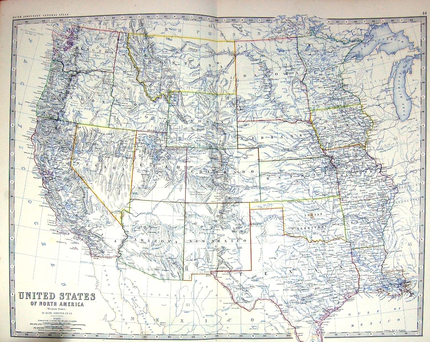 Old Print Johnston Map C1877 North America Arizona Texas Mexico Colorado 19th