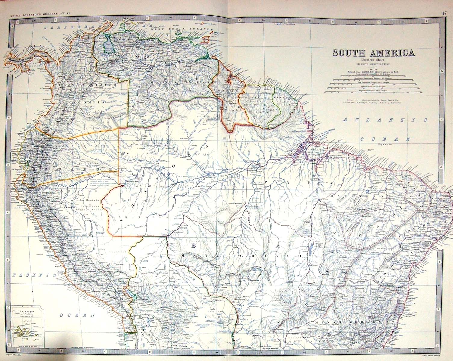Antique Old Print Johnston Map C1877 South America Brazil Ecuador Galapagos