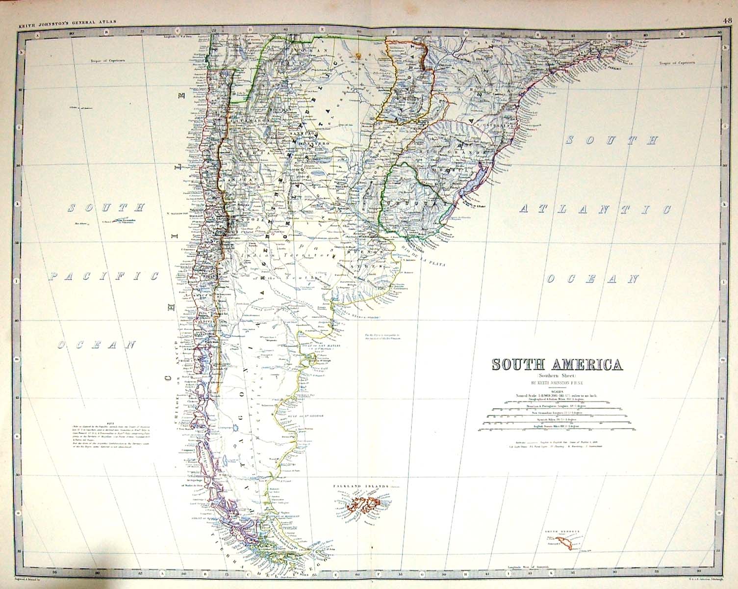 Old Johnston Map C1877 South America Falkland Chile Georgia Monte Vid Victorian