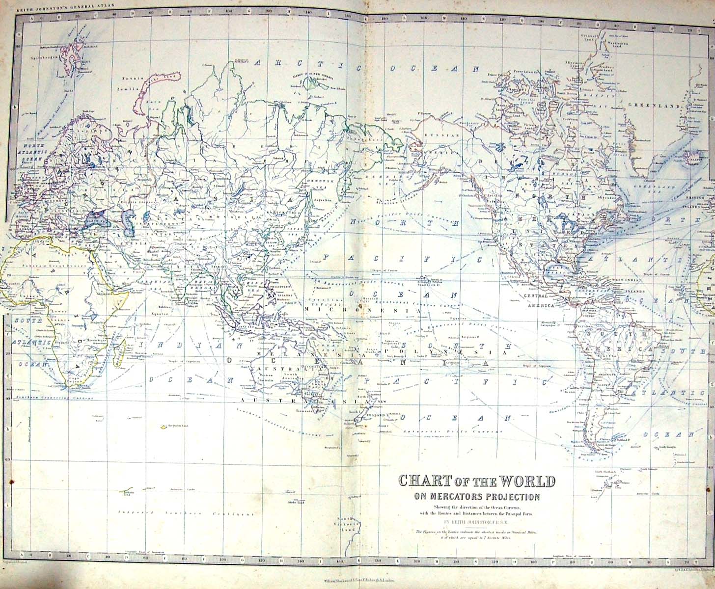 Antique Old Print Johnston Map C1860 Mercators Projection Chart World Atlas