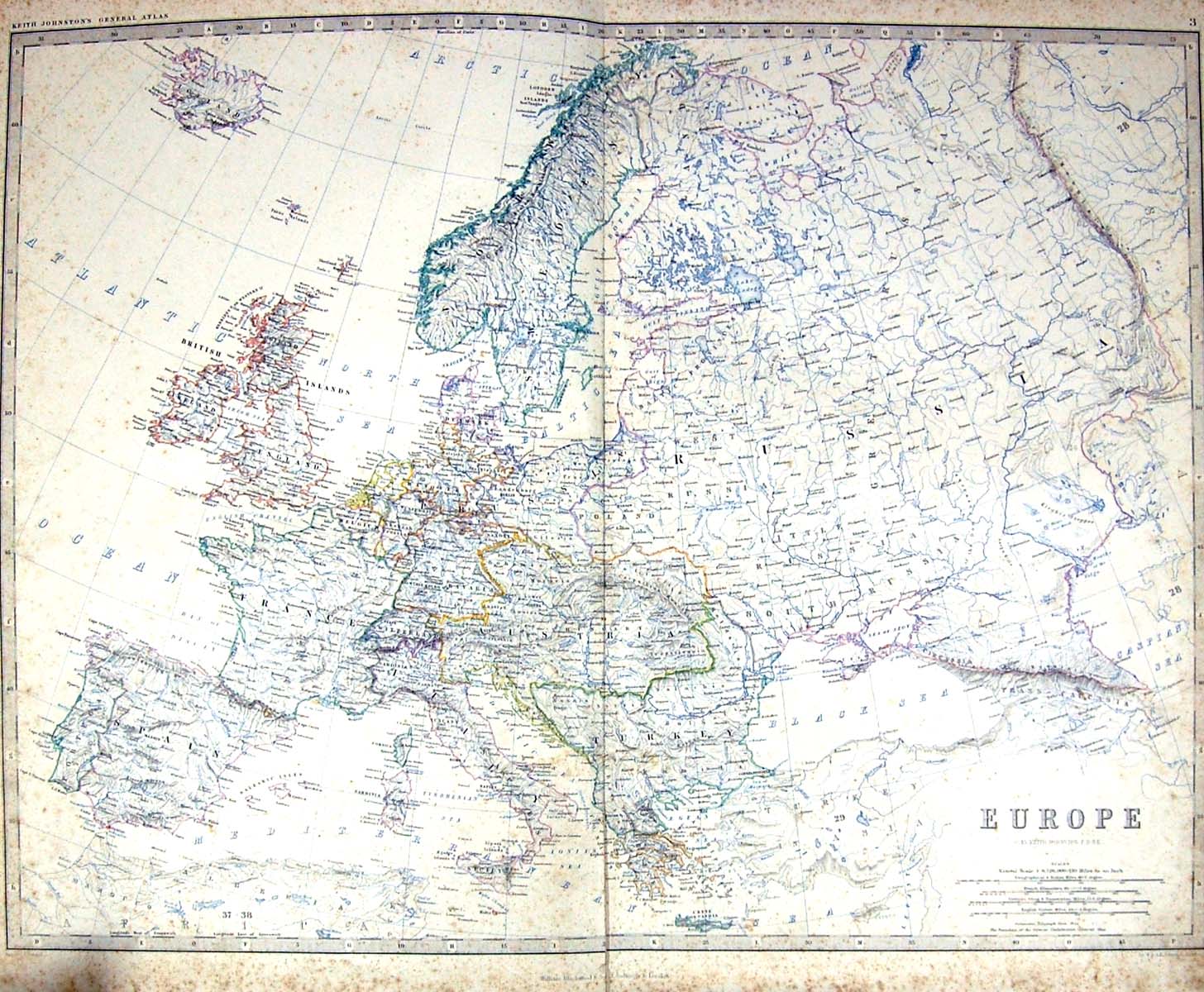 Old Johnston Map C1860 Europe British Islands France Spain Turkey Ita Victorian