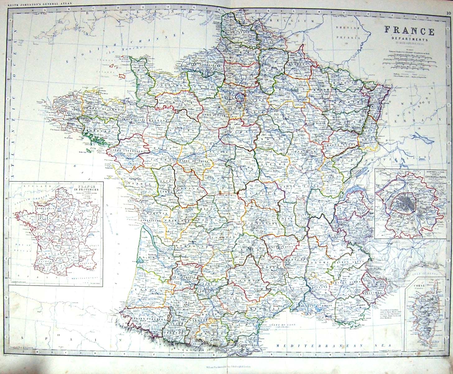 Antique Old Print Johnston Map C1860 France Corsica Provinces Environs Paris