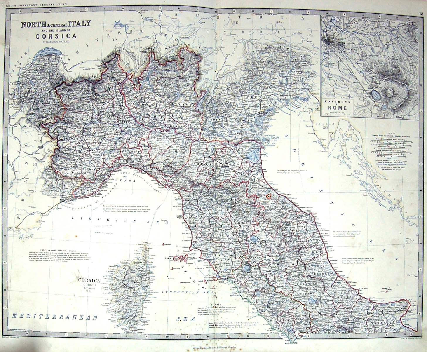 Old Print Johnston Map C1860 Italy Corsica Rome Elba Sardinia Bay Naples 19th