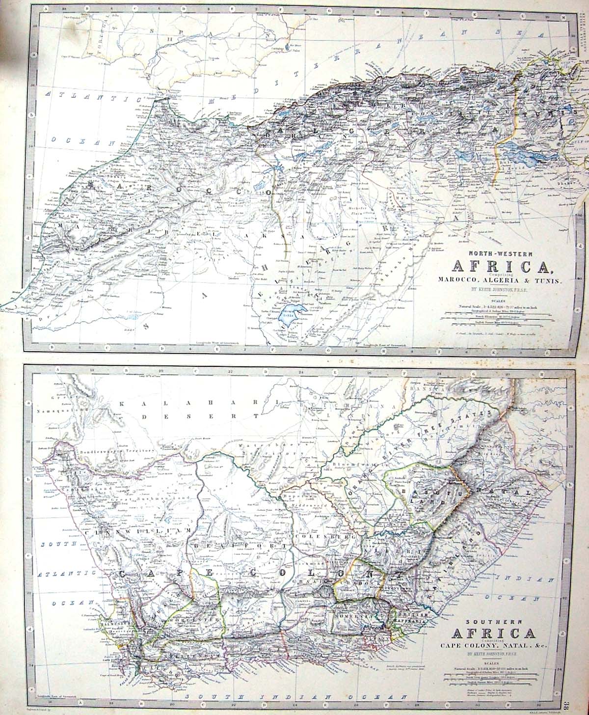 Antique Old Print Johnston Map C1860 Africa Morocco Algeria Tunis Cape Colony