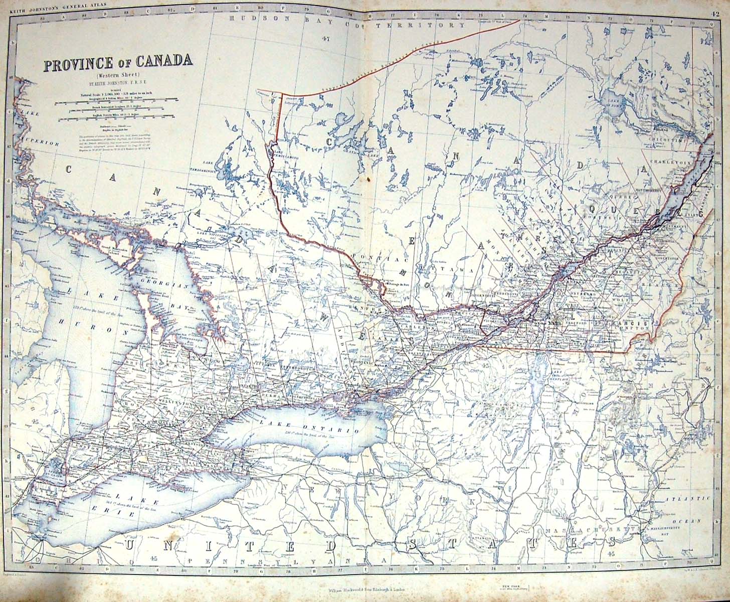 Antique Print Johnston Map C1860 Canada Lake Huron Newfoundland Nova Scotia