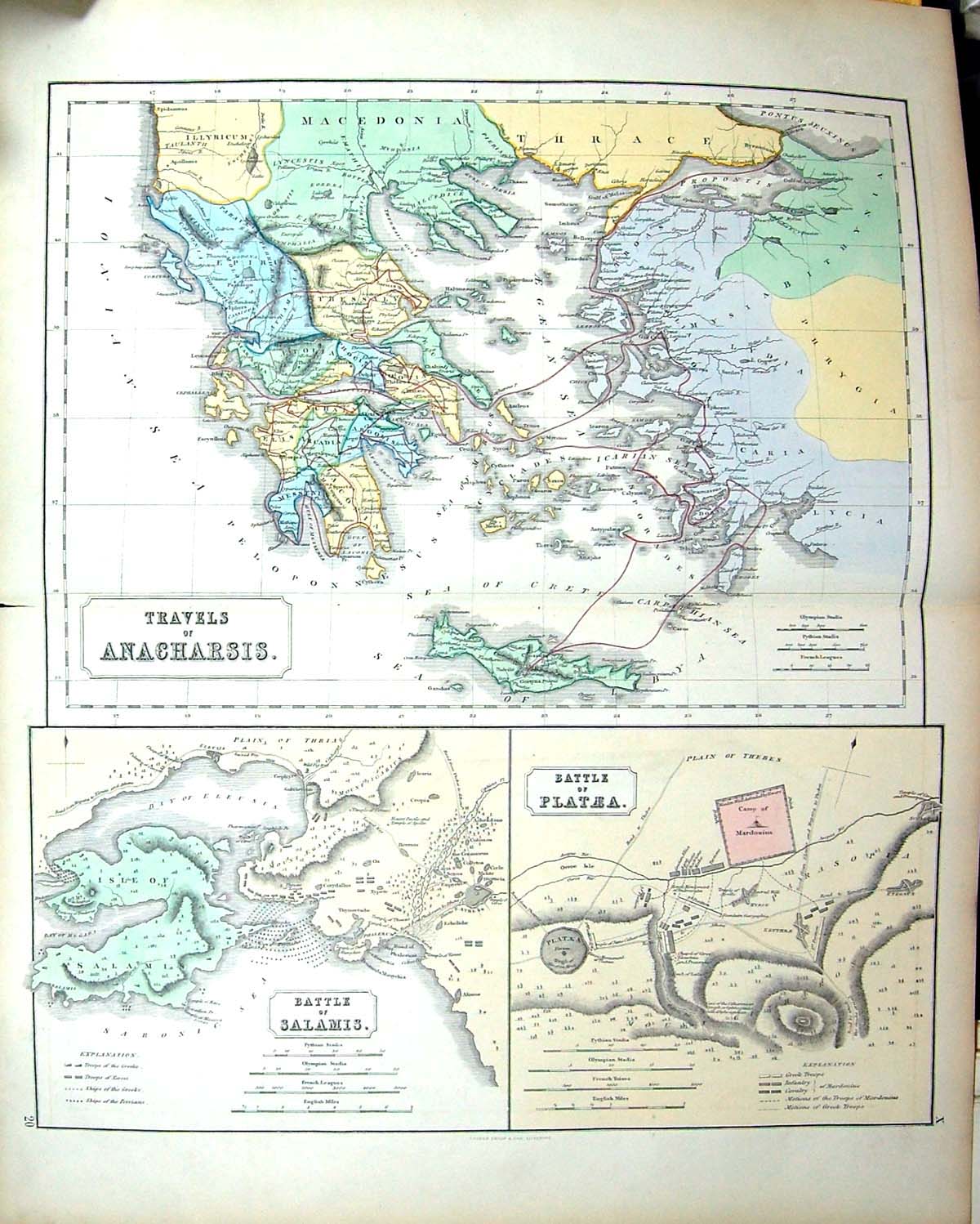 Old Philip Map C1855 Travels Anacharsis Battle Salamis Plataea Mardon Victorian