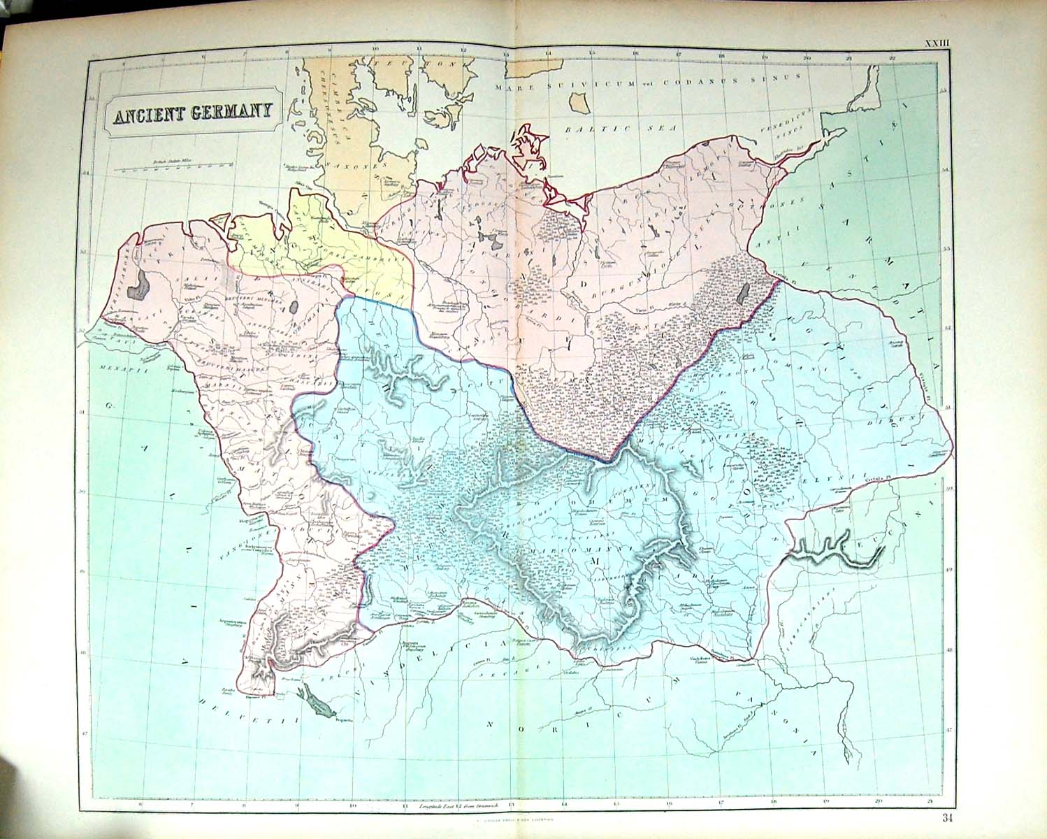 Original Old Antique Print Philip Map C1855 Ancient Germany Ingevons Victorian