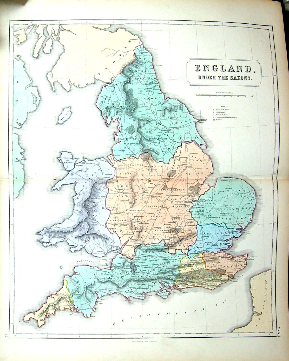 Original Old Antique Print Philip Map C1855 Saxon England Humbra Rice Victorian