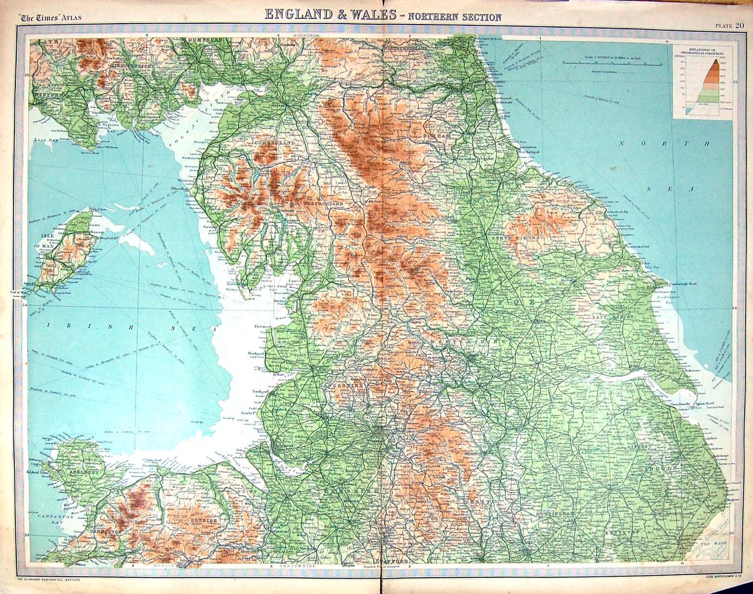 Antique Old Print Bartholomew Map England Wales Isle Man Cumberland Liverpool