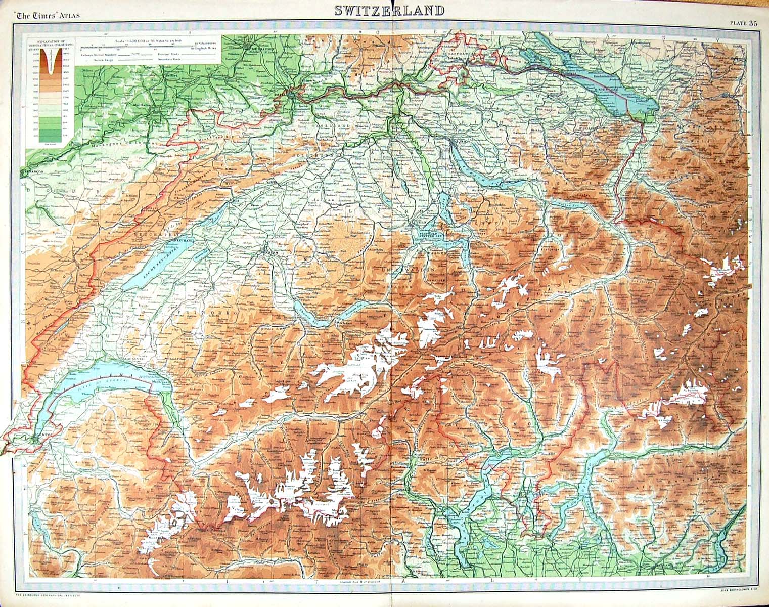 Original Old Antique Print Bartholomew Map Switzerland Bern Lago Maggiore Como