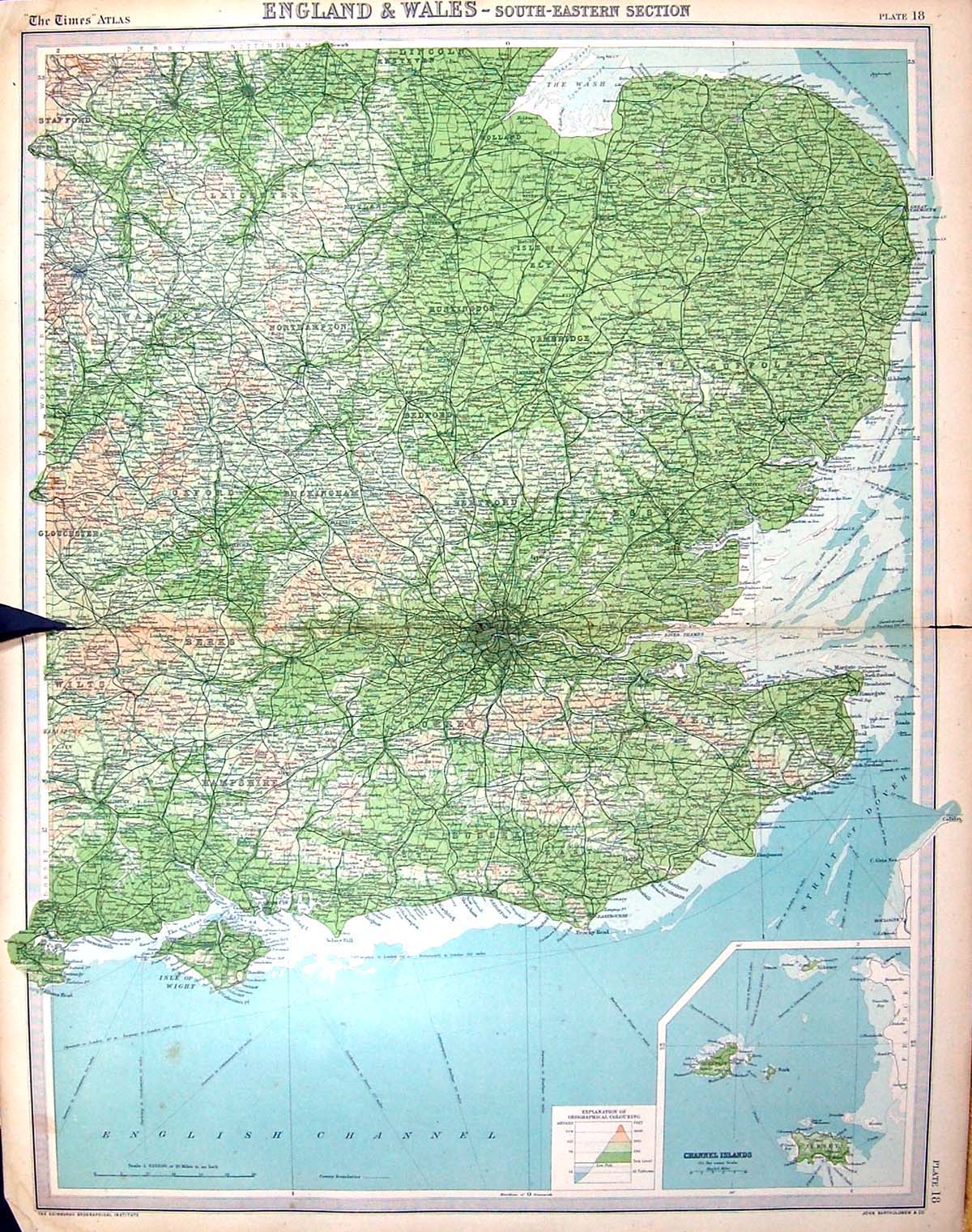 Antique Print Bartholomew Map England Wales Channel Islands Jersey Guernsey