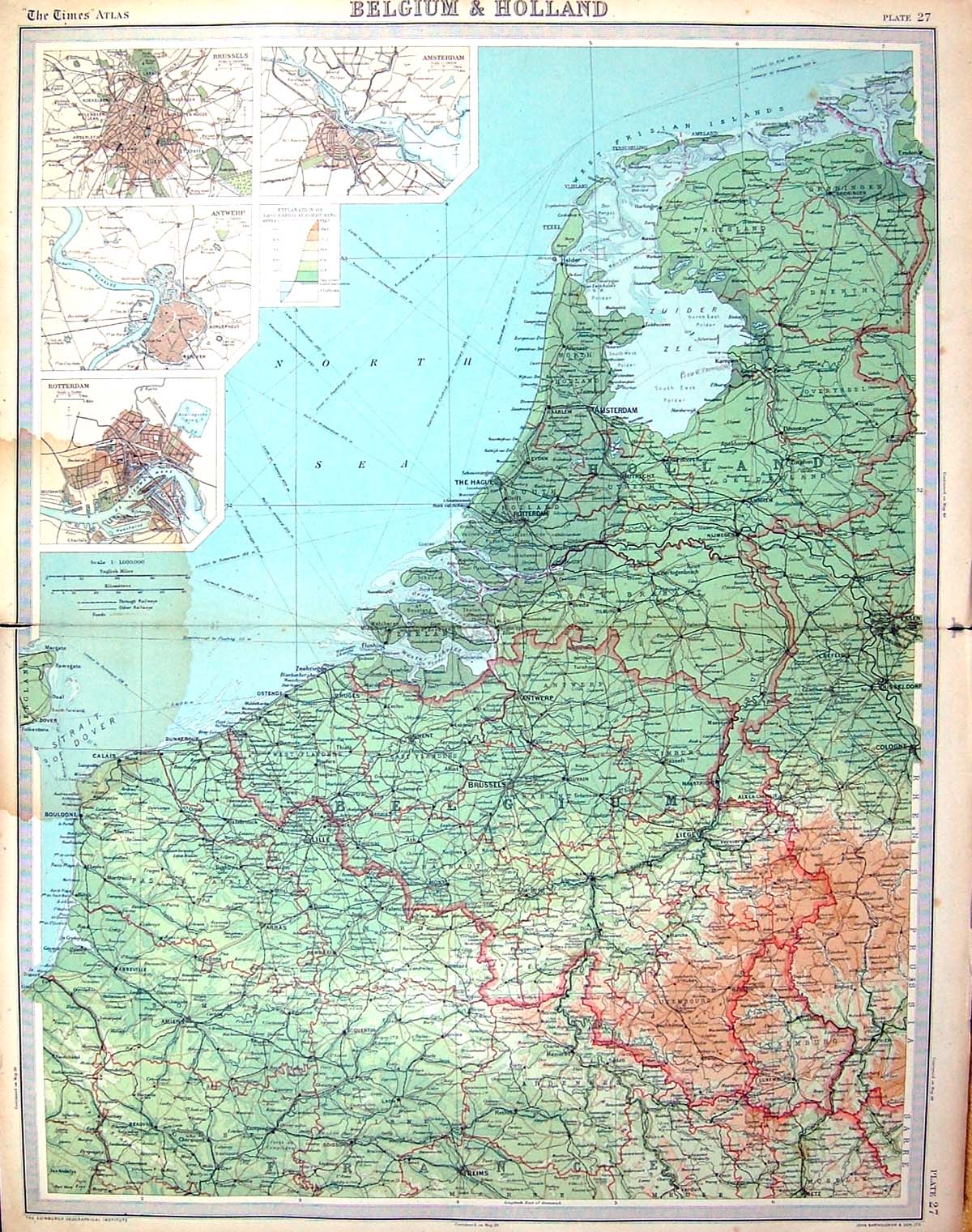 Antique Old Print Bartholomew Map Beglium Holland Rotterdam Antwerp Amsterdam