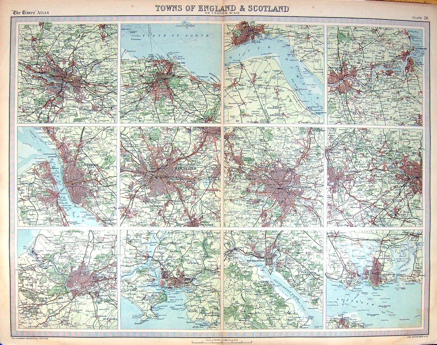 Antique Print Map England Scotland Portsmouth Manchester Leith Hull Glasgow
