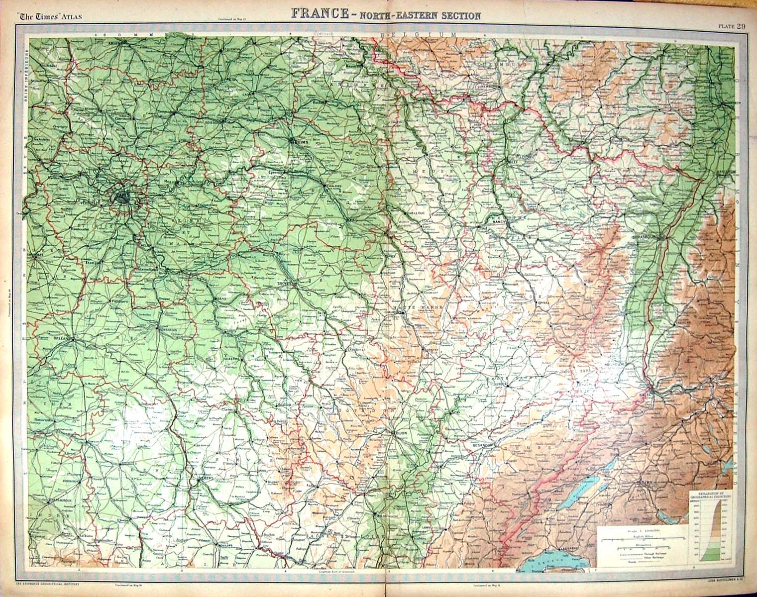 Antique Old Print Map North East France Bartholomew Bern Paris Nancy Mulhouse