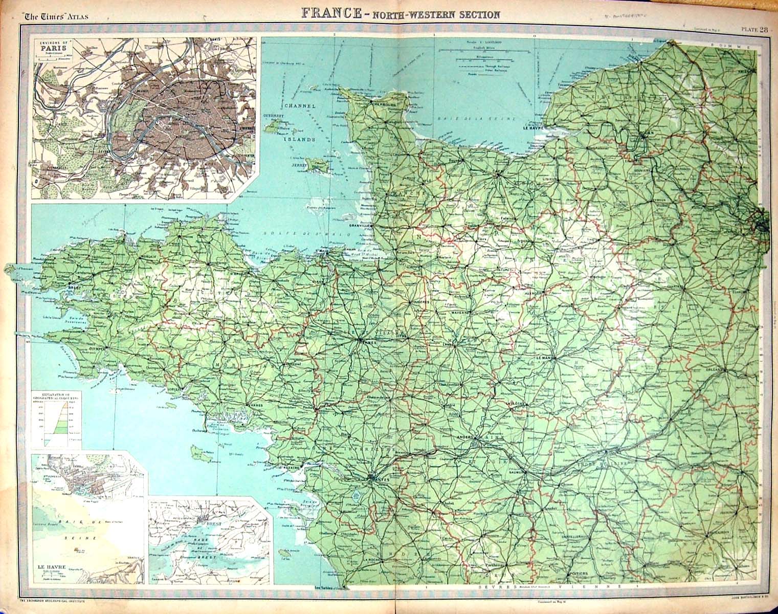 Old Bartholomew Map North West France Paris La Havre Brest Tours Nant