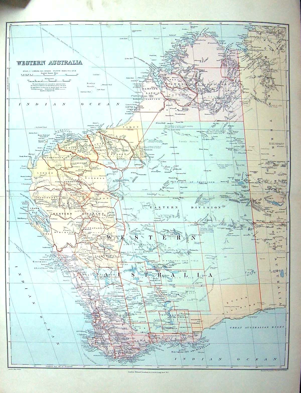 Antique Print Stanford Map Western Australia Perth Shark Bay Murchison Edel