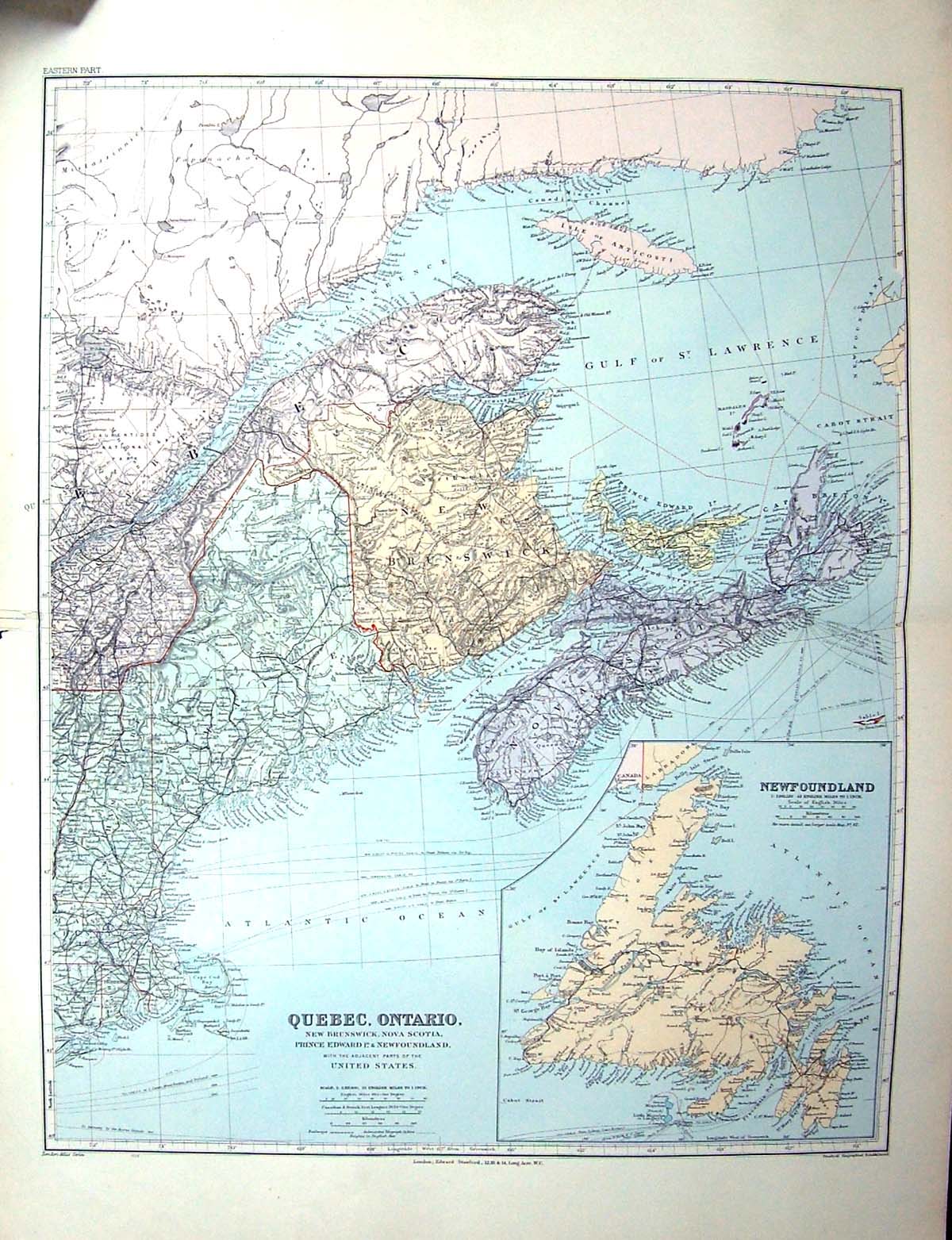 Old Stanford Map Canada Quebec Ontarion Brunswick Newfoundland Scotia