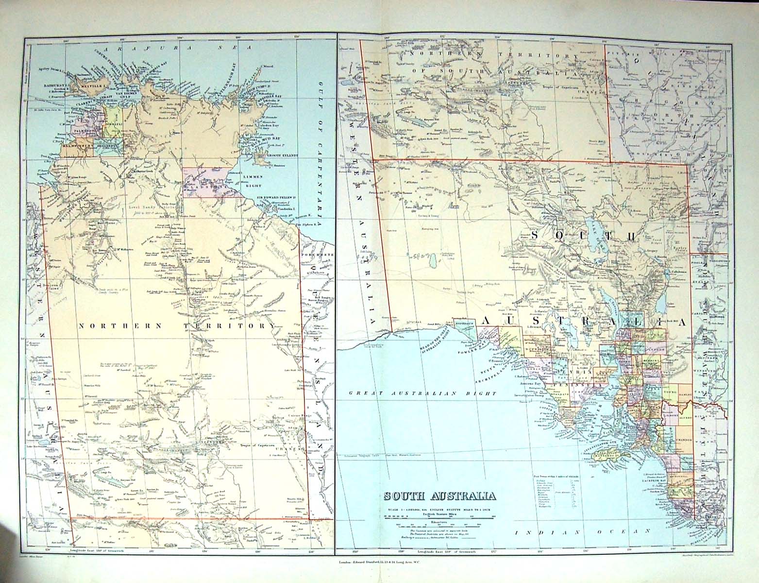 Old Print Stanford Map South Australia Northern Territory Kangaroo Eyria