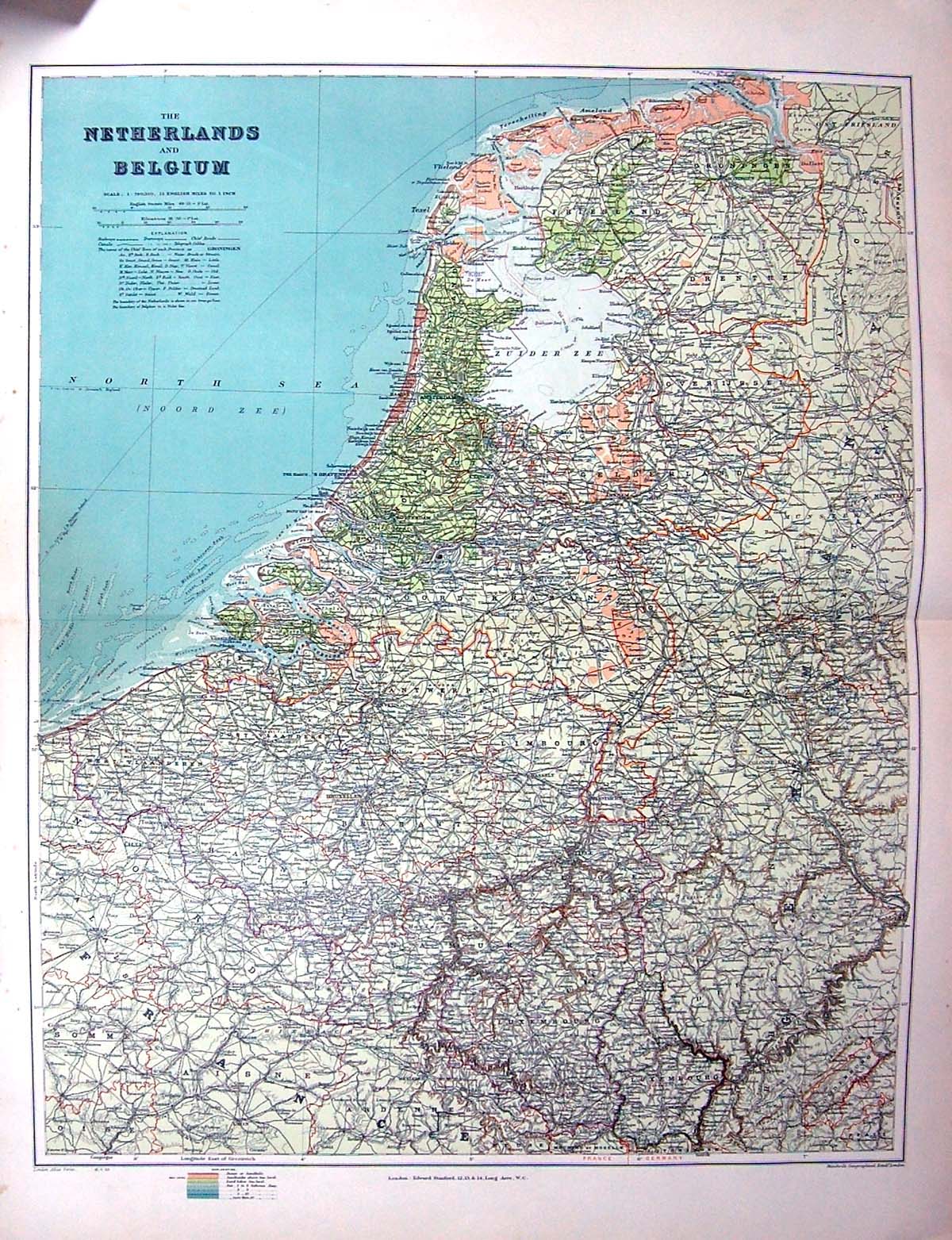 Antique Old Print Stanford Map Belgium Netherlands Namur Groningen Antwerpen