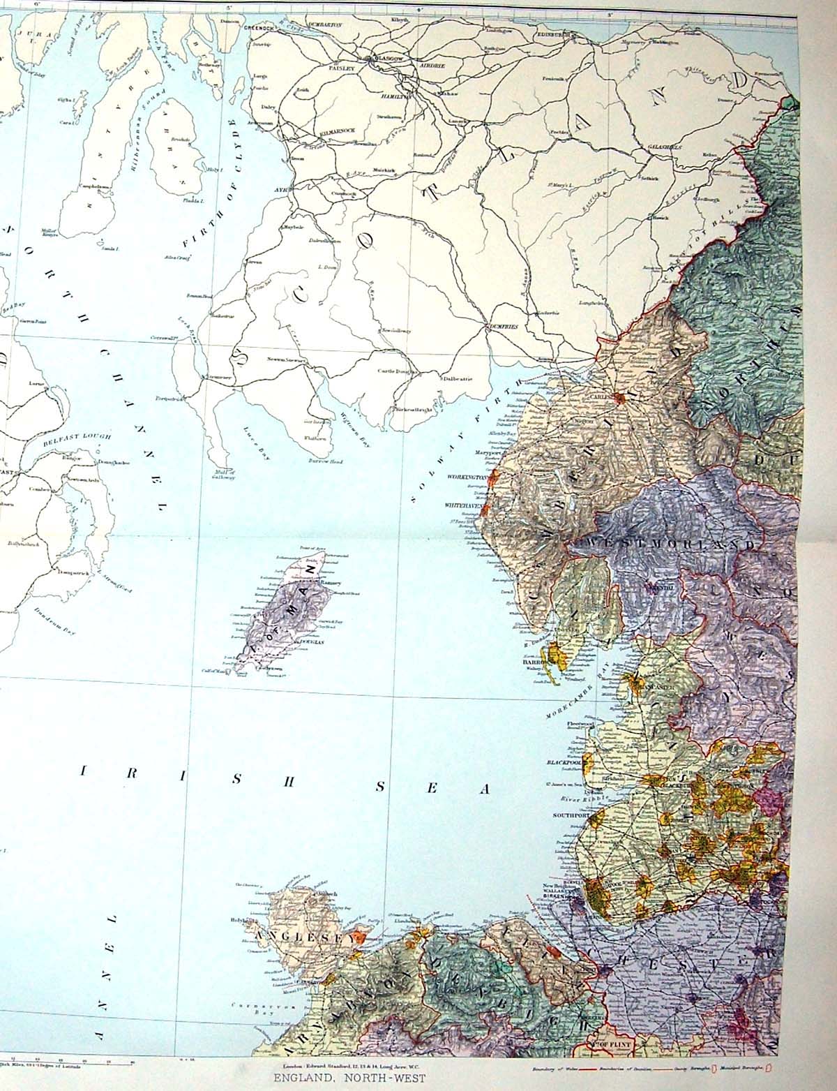 Antique Old Print Stanford Map North West England Isle Man Anglesey Blackpool