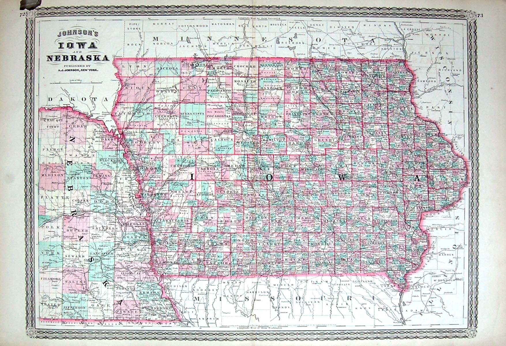 Antique Old Print Johnson Map Iowa Nebraska America Benton Clarke Montgomery