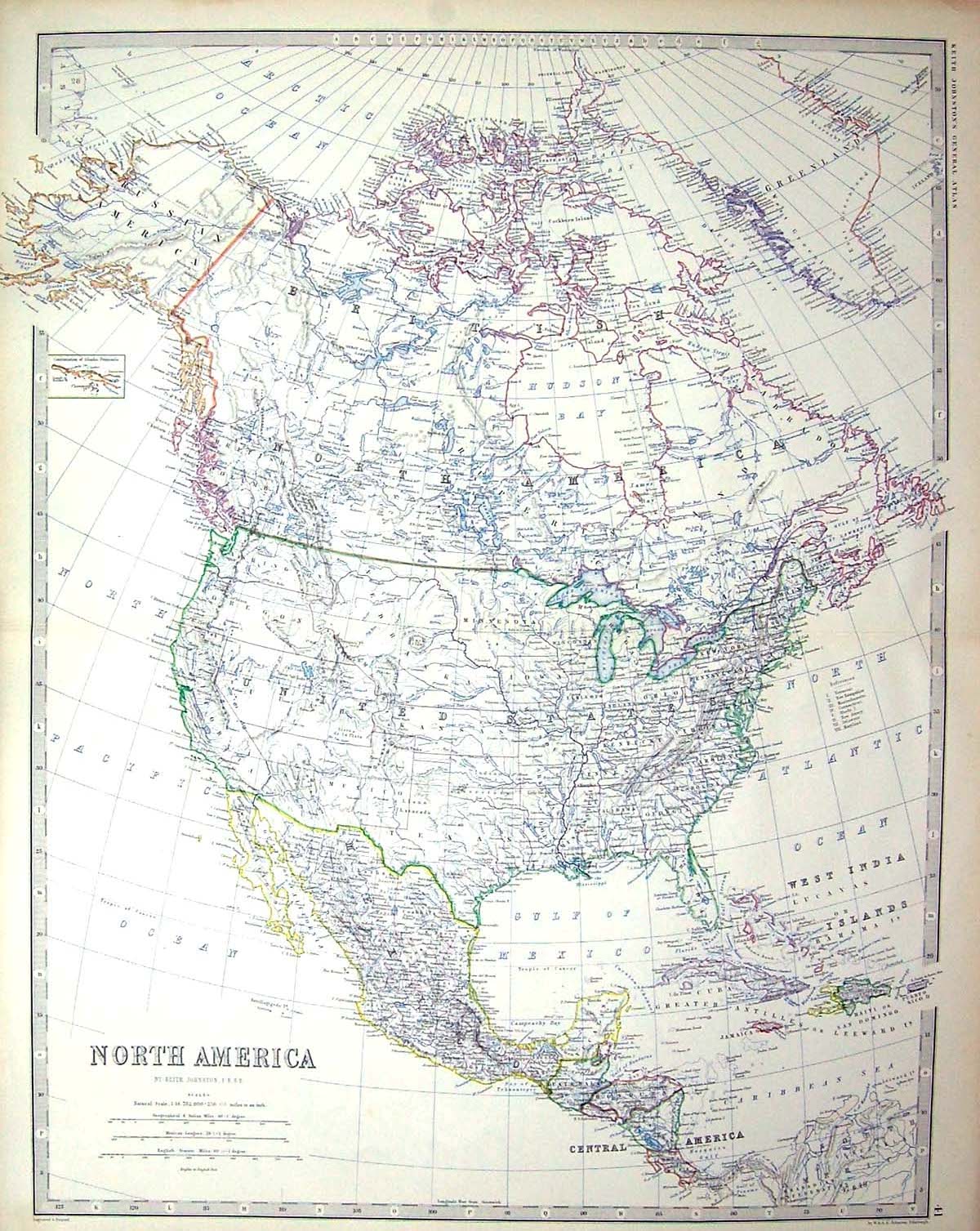 Old *6060 Johnston Map North America Mexico Florida Cuba Jamaica Cana