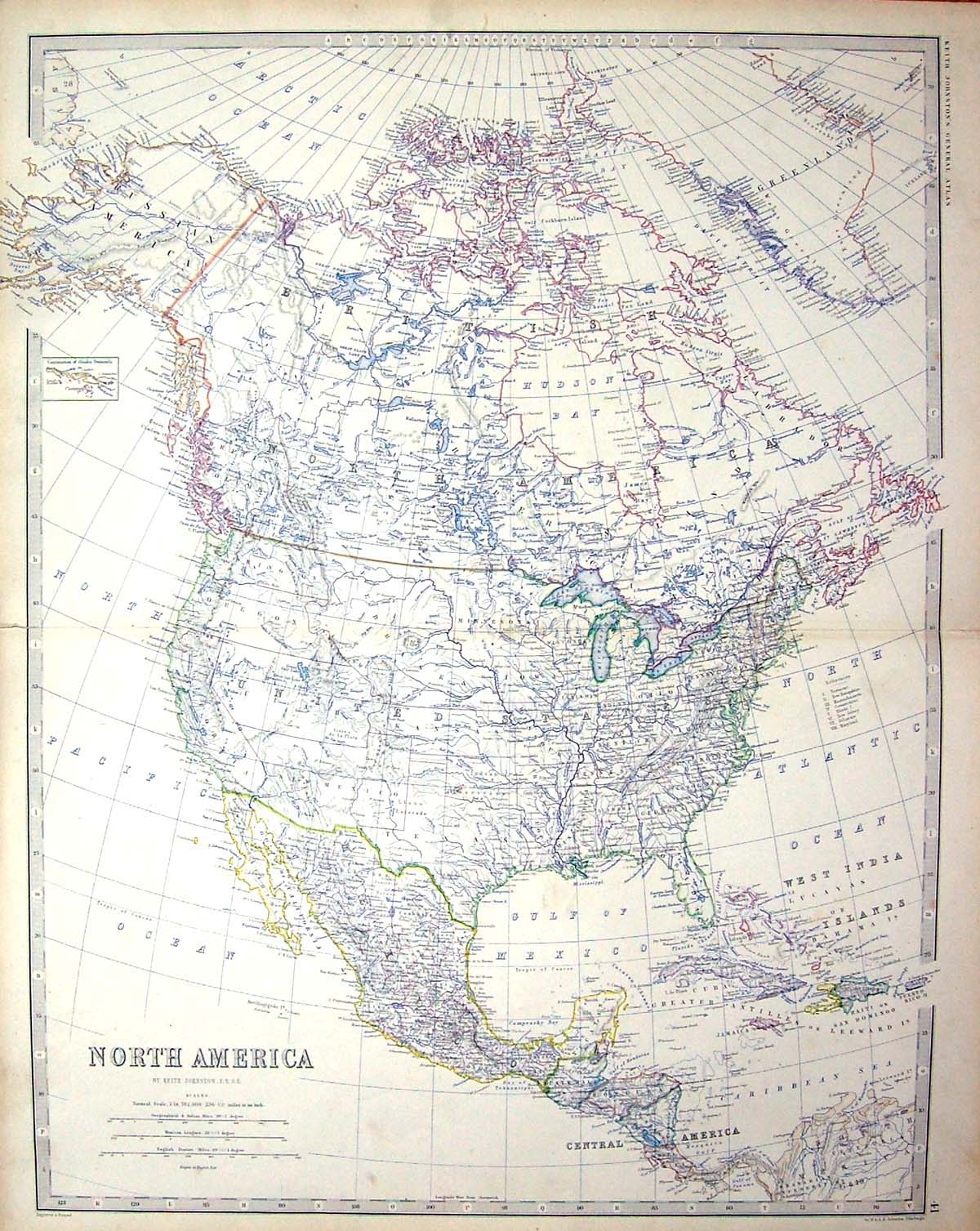 Antique Print Johnston Map North America Mexico Florida Cuba Jamaica Canada