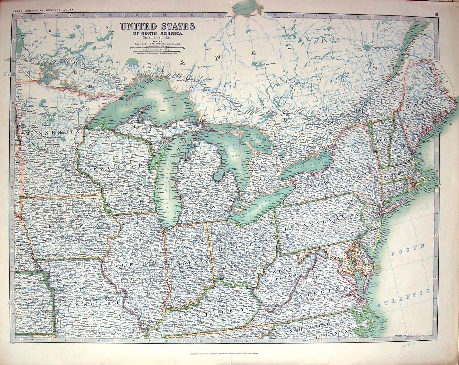 Old Print Johnston Map North America Illinois Kentucky Pennsylvania Iowa
