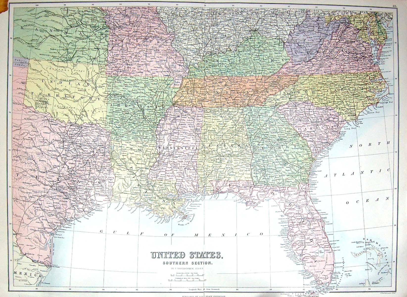 Antique Old Print Bartholomew Map America Florida Mississippi Texas Carolina