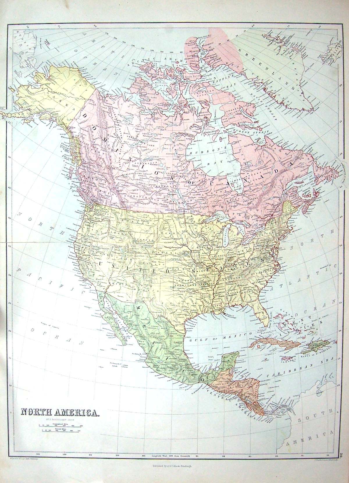 Original Old Antique Print Bartholomew Map America Mexico Florida Cuba Canada