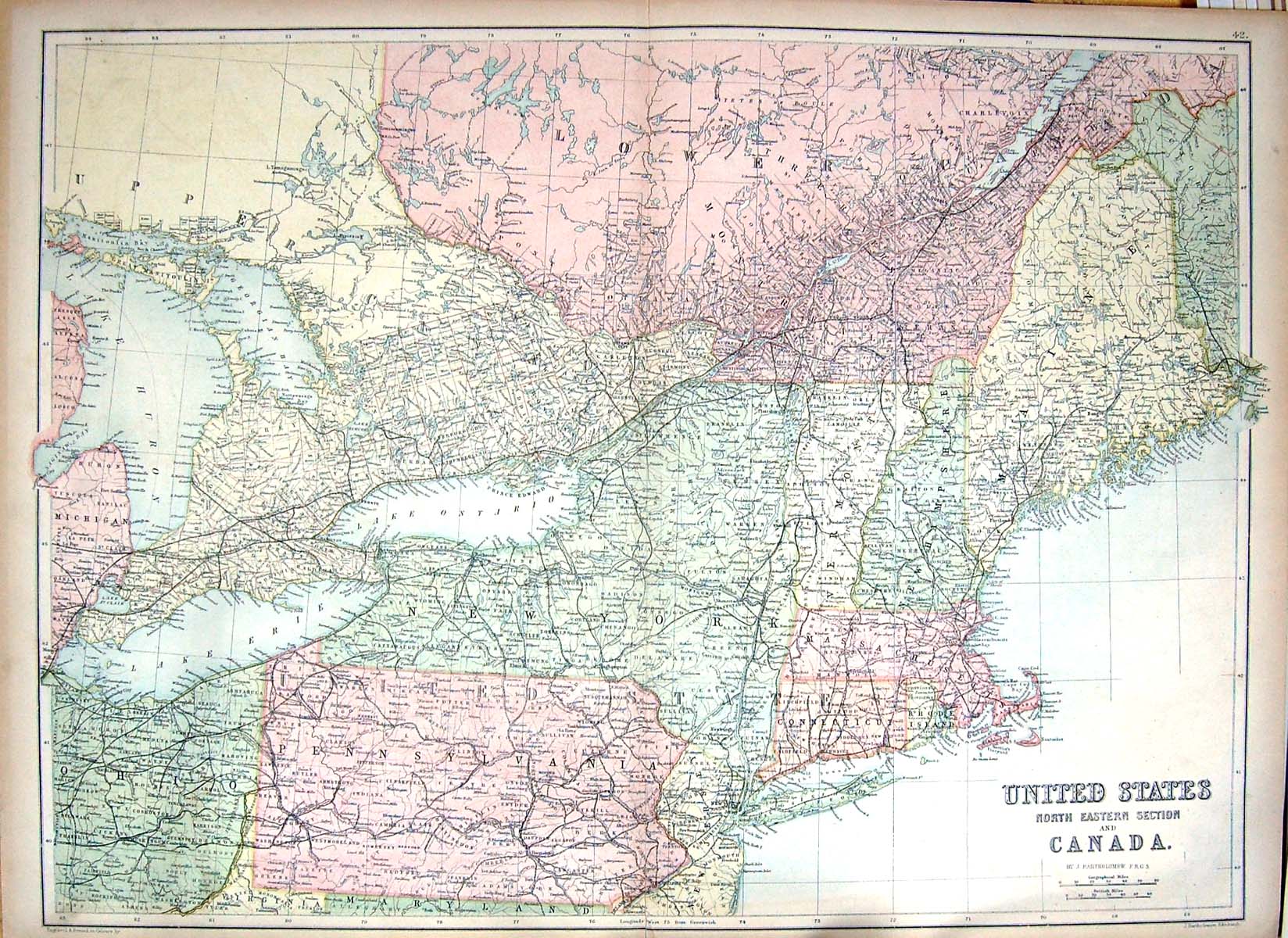 Antique Old Print Bartholomew Map United States America Canada New York Maine