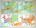 Antique Old Print Times Map 1922 Europe Orography Vegetation Races Population