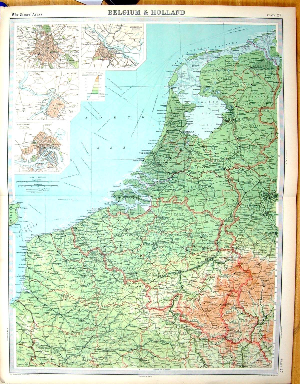 Old Print Times Map 1922 Belgium Holland Plan Amsterdam Antwerp Rotterdam 20th