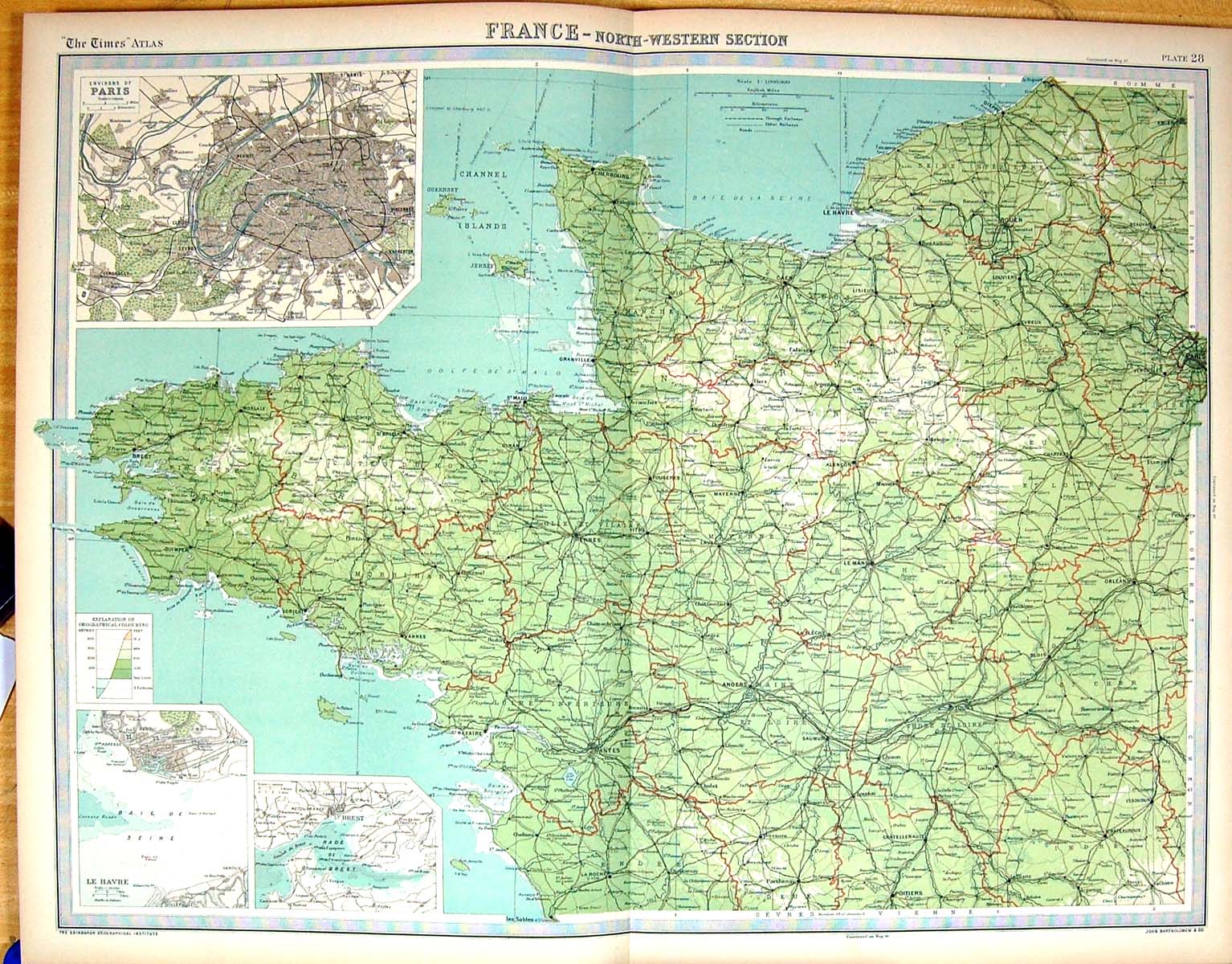 Old Times Map 1922 North-West France Plan Paris Brest Le Havre Tours 20th