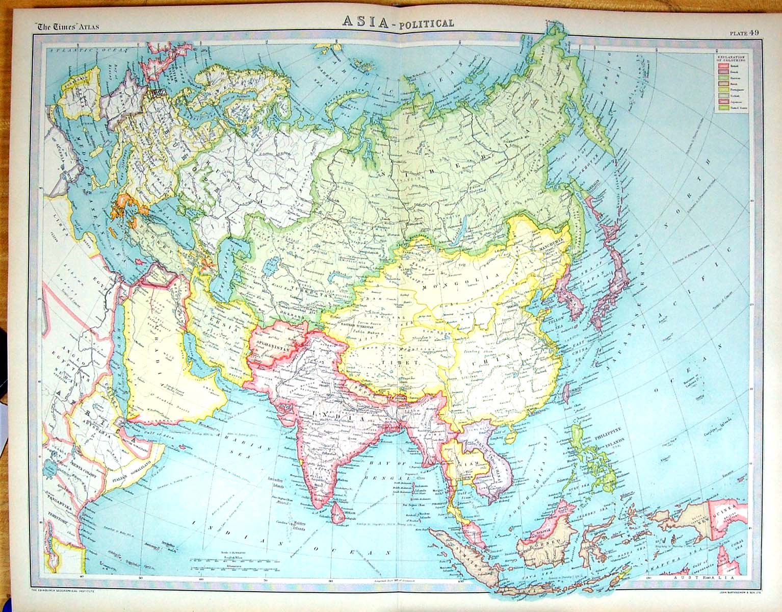 Old Times Map 1922 Asia India China Siam Arabia Philippine Borneo Jap 20th