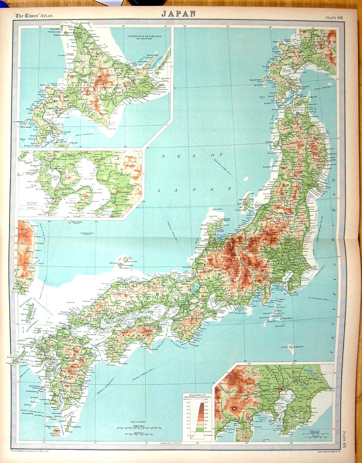 Old Print Times Map 1922 Japan Yezo Tokyo Honshia Kumamoto Pacific Ocean 20th