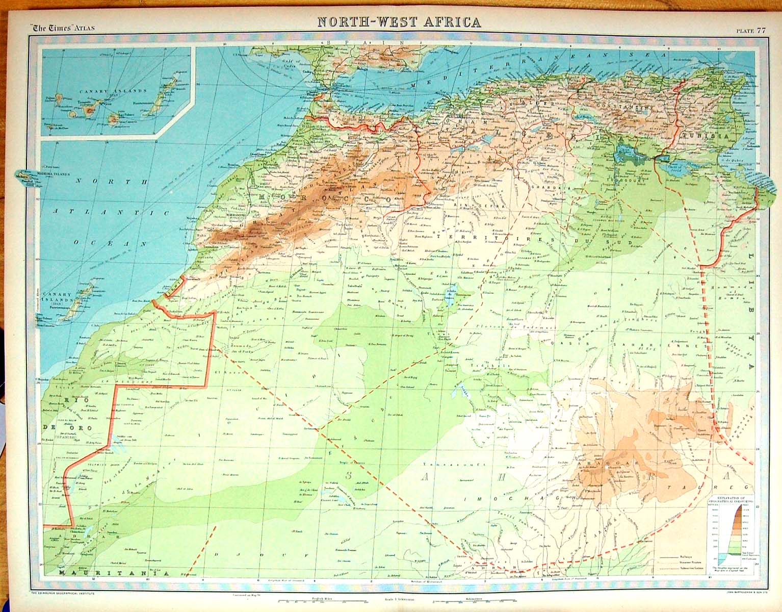 Old Print Times Map 1922 North West Africa Canary Islands Morocco Algeria 20th