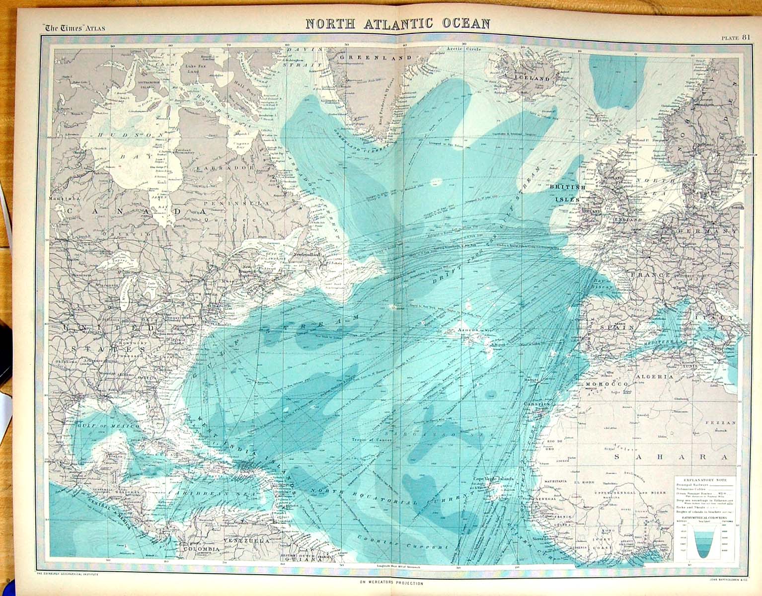Old Times Map 1922 North Atlantic Ocean Canada British Isles Greenlan 20th